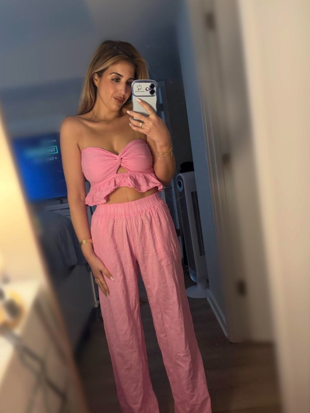 Blanco By Nature Pink Two-Piece Strapless Crop Top & Wide-Leg Pants &sweater NWT